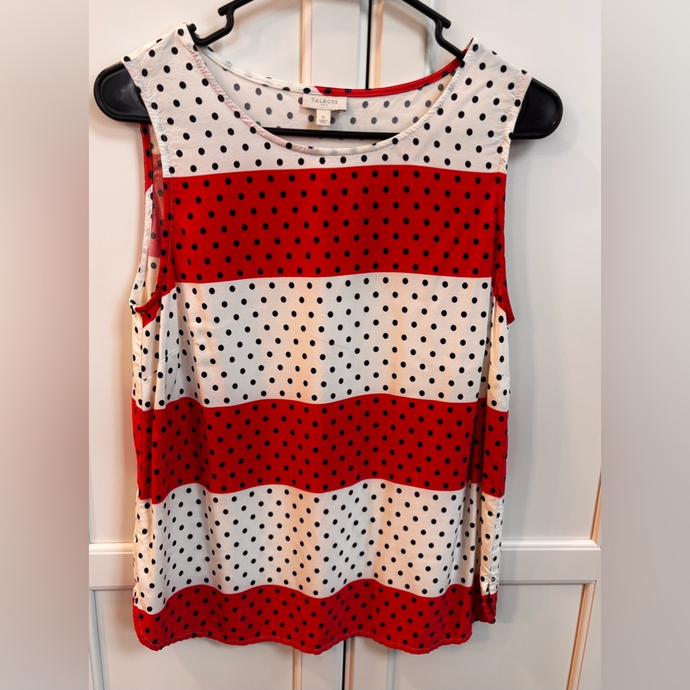 Talbots Tank Blouse Red White Striped Black Polka Dot Lightweight S Barbiecore